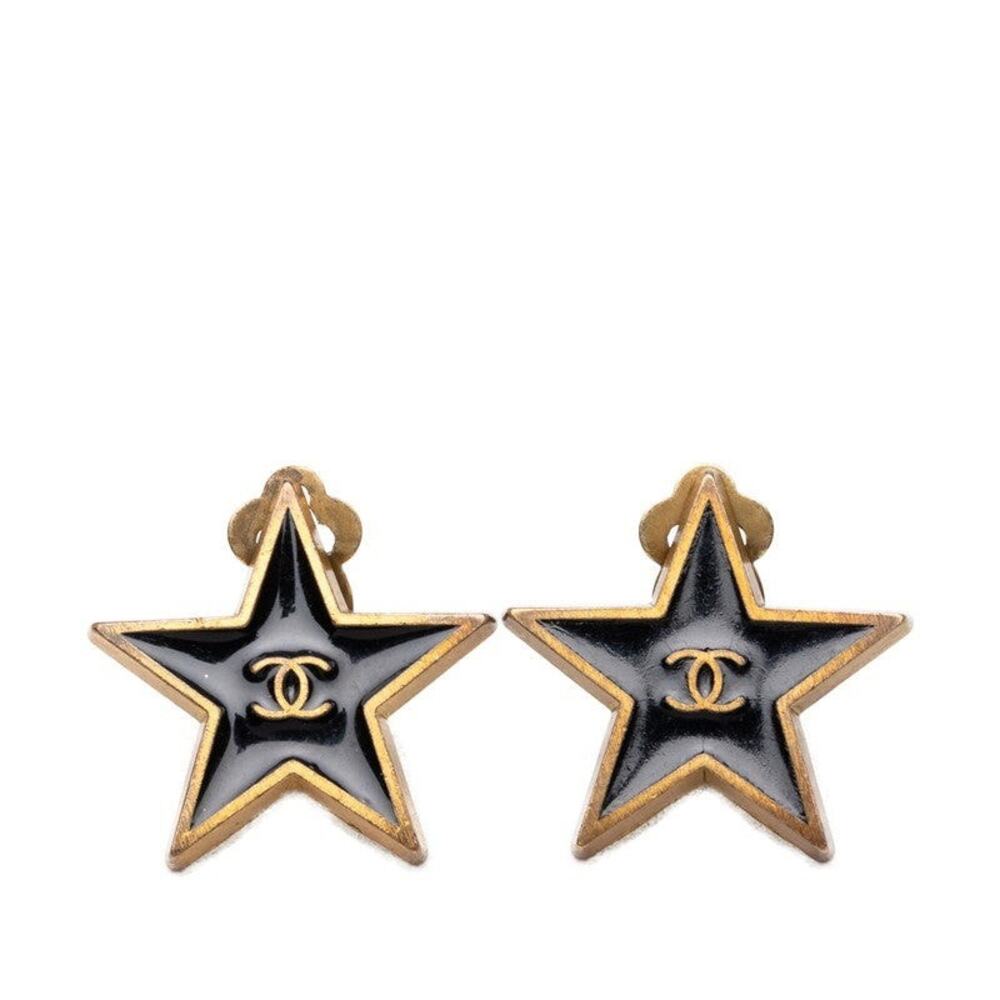 Chanel CC Logo Star Motif Earrings 01P Black Gold Plated